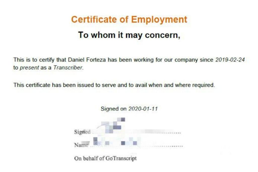 My GoTranscript worker certificate